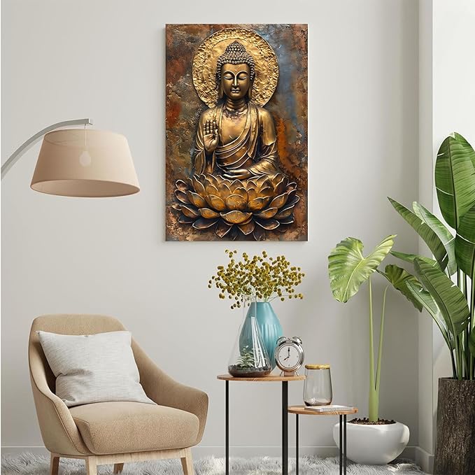 Buddha Wall Art Golden Buddha in Lotus Seat Serene spiritual statue radiant aura Meditation and mindfulness wall art suitable for sacred spaces 16x24in Frameless