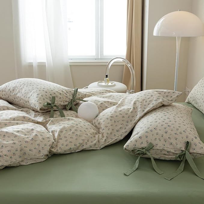 VM VOUGEMARKET Duvet Cover Set Twin 100% Cotton 3 Pcs Girls Green Floral Comforter Cover with Zipper Closure,Cottagecore Style Duvet Cover + 2 Pillowcases with Bowknot-68x86 Inch