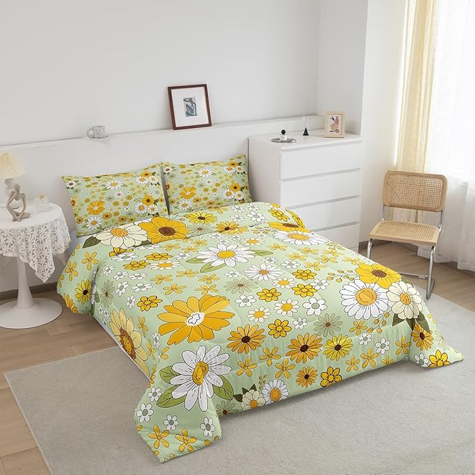 Vintage Floral Bedding Comforters King Size,Boho Spring Fresh Flowers Boys Girls Comforter Set Room Decor,Trippy Hippie Groovy Botanical Modern 3pcs Bedding Set Chic Xmas Present