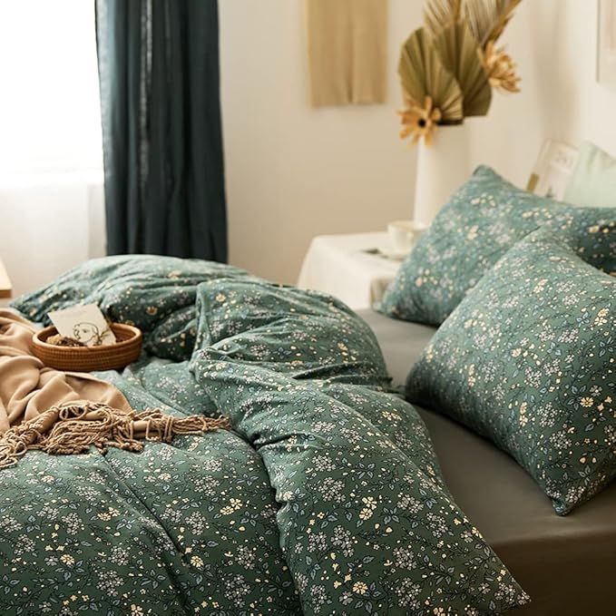 EAVD Vintage Style Garden Green Floral Duvet Cover King Soft Jersey Knit Cotton Aesthetic Floral Bedding Set Chic Botanical Green Duvet Cover with Zipper