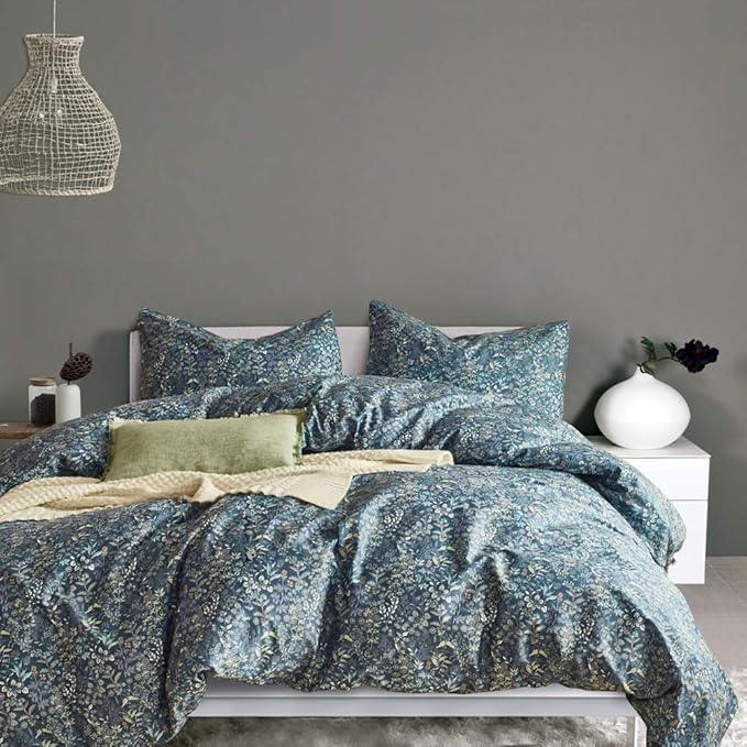 mixinni Floral Duvet Cover Queen Flower Pattern Blue Duvet Cover Set Garden Style Bedding Comforter Cover Set with Zipper Closure-Luxury Quality Soft Durable Easy Care (3pcs, Queen/Full Size)