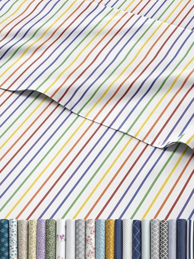 Rainbow Striped Sheet Set - Colorful Striped Bed Set - 1 Flat & 1 Fitted Sheet & 2 Pillowcases w/ Deep Pockets - Wrinkle & Fade Resistant - Soft, Breathable and Cooling - Rainbow Bedding - Queen Size