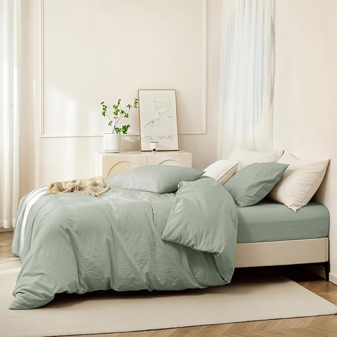 JIYUAN 100% Washed Cotton Duvet Cover Set 3 PCS Oversized Queen, 1 Duvet Cover 98"x98" (Comforter Not Included) and 2 Pillowcases,Linen Feel Bedding Set Comfy and Breathable, Heathered Sage Green