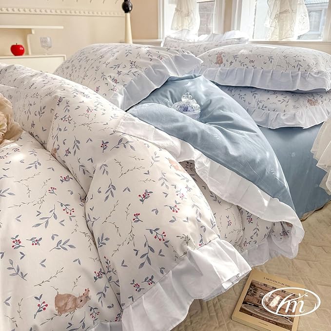 VM VOUGEMARKET Girl's Romantic Ruffle Comforter Set Twin Cute Rabbit Comforter with 2 Pillow Shams Toddler Girls White Lace Bedding Set(3pcs,Twin XL)