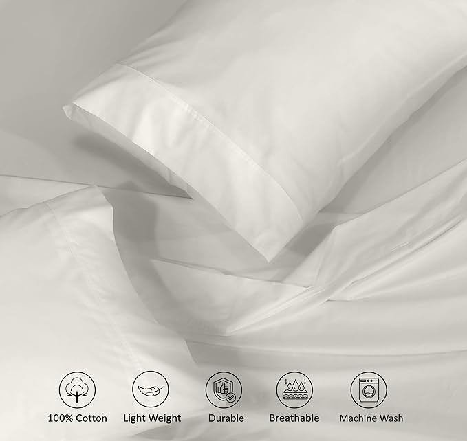 RUVANTI 100% Cotton Full Size Bed Sheets, 4 Pieces, Soft & Breathable Percale Weave Bedding, Deep Pocket 16", Hotel Standard, Crisp Cool Feel, Durable, Perfect Sheet Set Dyed, Ivory