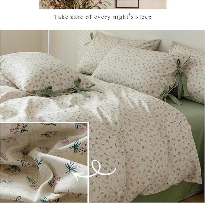 VM VOUGEMARKET Duvet Cover Set Queen 100% Cotton 3 Pcs Girls Green Blossom Flower Comforter Cover with Zipper Closure,Cottagecore Style Duvet Cover + 2 Pillowcases with Bowknot-90x90 Inch