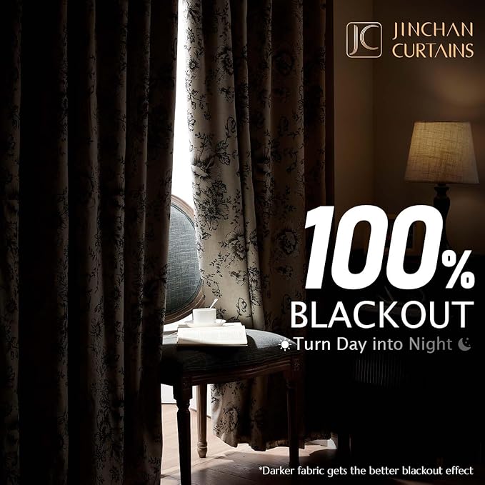 jinchan Blackout Linen Blend Curtain Floral Blackout Curtains for Living Room 90 Inch Length Black Printed with Lined Blackout Curtain for Bedroom Farmhouse Curtains Set 2 Panels