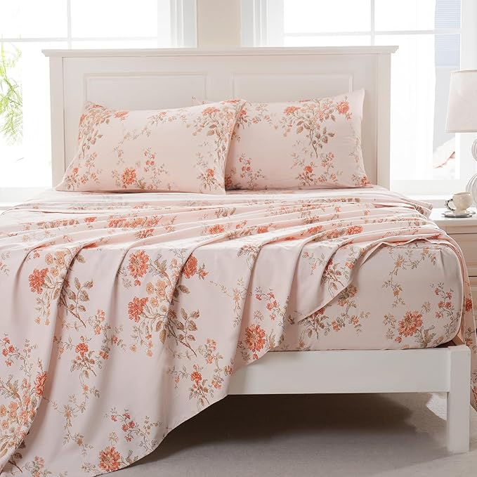 Zusbest Full Size Floral Bed Sheets 100% Percale Cotton Orange Brushed for Extra Softness, Breathable Luxury Flannel Sheets Like Shabby Vintage Flower Print Deep Pocket Fitted Sheet 17.5'' 4 Pcs
