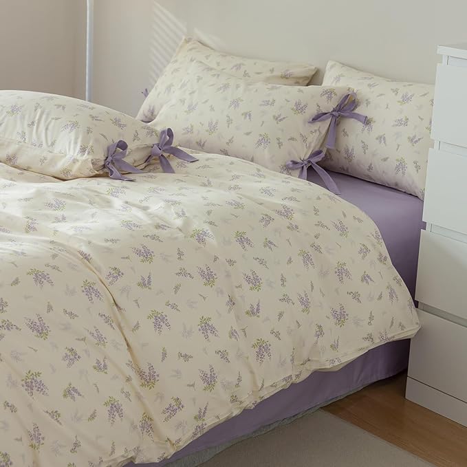 LifeTB Lilac Comforter Set Twin XL Girls Purple Flower Bedding Comforter Vintage Garden Floral Comforter Set Fluffy Soft Botanical Comforter with 2 Bow Ties Pillowcases for Girls Women Twin XL Size