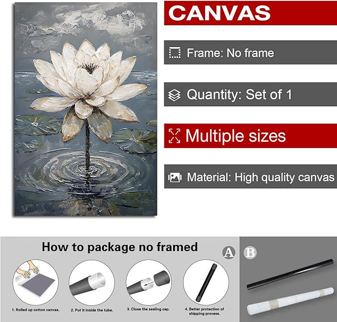 Stunning white lotus emerges from prismatic water with delicate petals background Serene aquatic wall art suitable for modern minimalist decor 32x48in Frameless