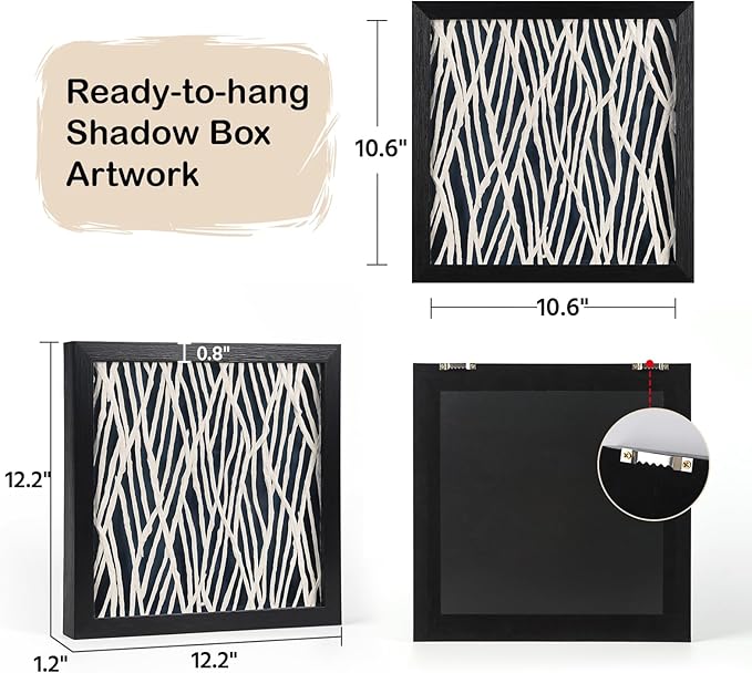 FOLKOR Geometric Wall Art Black and White for Modern Living Room Bedroom, 12" Rice Paper Framed Shadow Box Artwork, 3D Texture Floating Wall Hanging Sculpture for Kitchen Bathroom Apartment Dorm