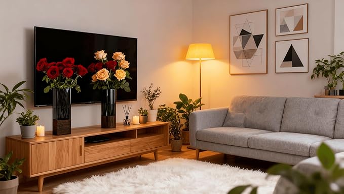 Shatterproof Acrylic Flower Vase with Wood Base–10”H*3.9''W Modern Table Centerpiece for Home Office Decor, Holds Fresh/Dried Stems, Lightweight&Stable, Present for Housewarming Christmas (Cylinder)