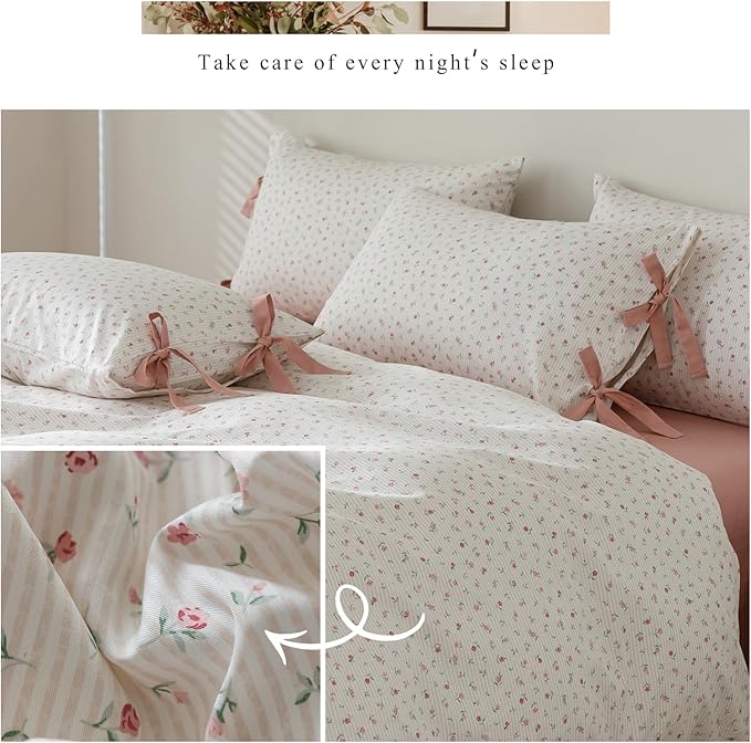Floral Duvet Cover Queen Size Cotton Boho Fresh Garden Floral Coquette Comforter Cover with 2 Bowknot Bow Tie Pillowcases,3 Piece Botanical Flower Bedding Duvet Cover Set,Soft & Breathable Bedding Set