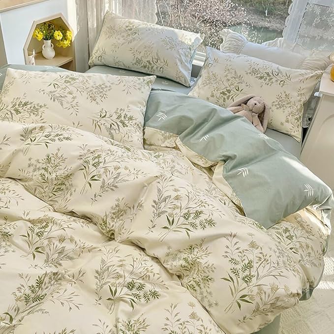 Garden Style Floral Duvet Cover Twin 3 Pieces Vintage Cottagecore Bedding Set 100% Cotton Botanical Floral Comforter Cover for Girls Women Chic Flower Leaves Plants Pattern Farmhouse Bedding Set
