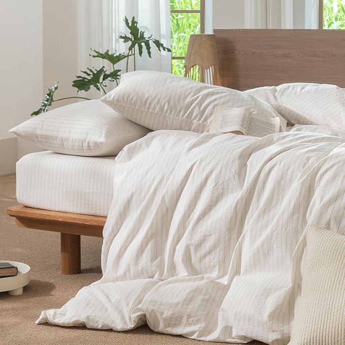 MooMee Striped Duvet Cover Set 100% Washed Cotton Linen Like Textured Breathable Durable Soft Comfy (White Almond Milk Grey Wide Stripes, King 104"x90")