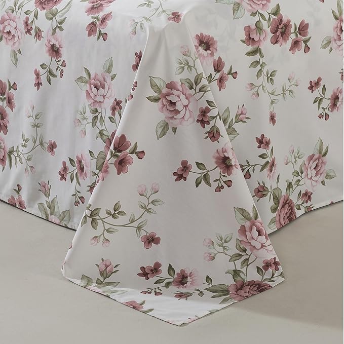 FADFAY Beige Vintage Floral Full Size Sheets Set Premium 100% Cotton Shabby Brick Red Rose Pattern Bedding Set Deep Pocket Sheets with 2 Pillowcases Luxury Breathable Soft 4Pcs, Full Size