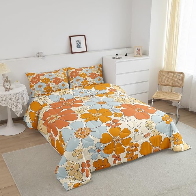 Castle Fairy Retro 70s 60s Floral Hippie Bedding Comforters Queen Size,Summer Groovy Flowers Comforter Set with 2 Pillowcases,Boho Plant 3pcs Children Adult Duvet Set,Soft