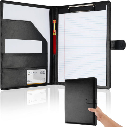 Skiennix Professional Padfolio - Faux Leather Portfolio with Clipboard | A4 Letter Size Organizer in Black