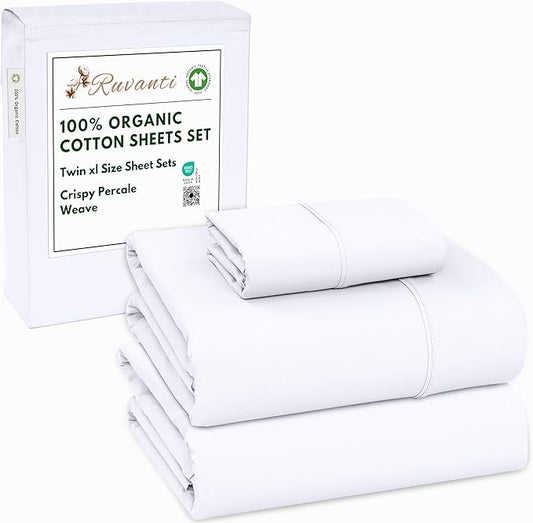 RUVANTI 100% Organic Cotton Sheets Twin XL, Percale Weave, GOTS Certified, 3-Piece Set, Deep Pocket 15", Crisp & Breathable, Soft Durable Bedding, Sábanas Algodón Orgánico – Bright White