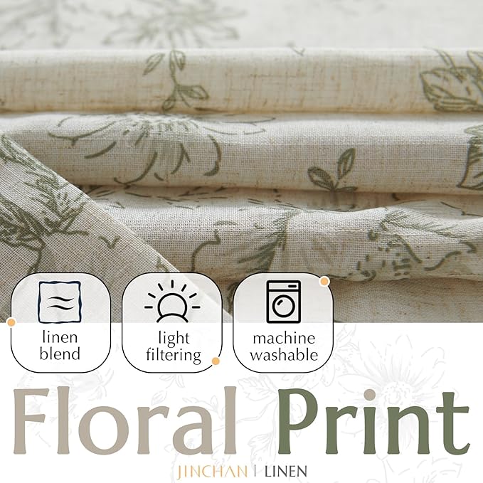 jinchan Linen Blend Floral Curtains for Living Room 108 Inches Extra Long Christmas Green Peony Flower Printed Curtain Back Tab Farmhouse Patterned Drapes Bedroom Window Curtains Set 2 Panels