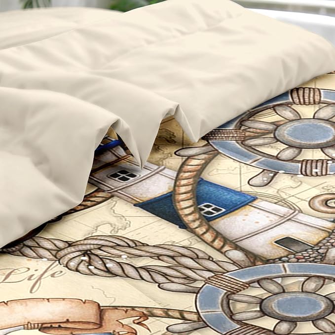 Comforter Set King Size, Retro Nautical Lighthouse Map 7 Pcs Bedding for Kids and Adults, Vintage Anchor Beige Bed Sheet Sets with Fitted Sheet 2 Pillowcase & 2 Sham for Bedroom Bed Decor