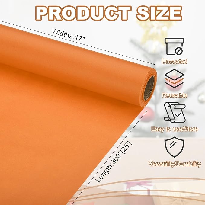 PATIKIL Wrapping Paper, 17" x 300"(25') 70 GSM Craft Paper Roll Kraft Packing Paper for Poster Bulletin Board, Gift Wrapping, Orange