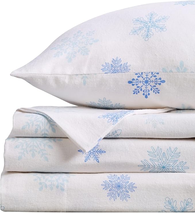 Market & Place 100% Turkish Cotton Flannel Sheet Set | 4 Piece Deep Pocket Novelty Cozy Winter Bed Sheets | Double Brushed for Extra Softness & Comfort | Alpine Collection (Queen, Blue Snowflake)