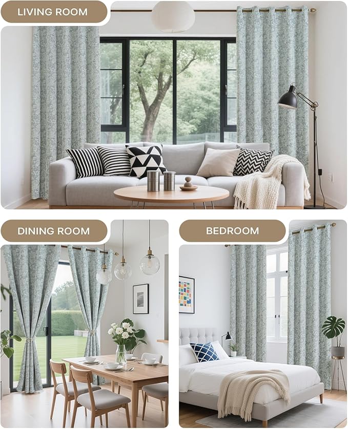 Chenille Floral Blackout Curtains 108 Inch Length 2 Panels Set - Bedroom Living Room Darkening Thermal Insulated Black Out Window Treatments Grommet Jacquard Drapes 52 Inch Wide Blue