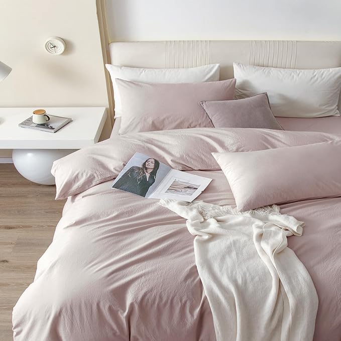 JIYUAN 100% Washed Cotton Duvet Cover Set 3 Pieces Queen, 1 Duvet Cover 90x90 Inches (Comforter Not Included) and 2 Pillowcases,Linen Feel Bedding Set Comfy and Breathable, Heathered Greyish Pink
