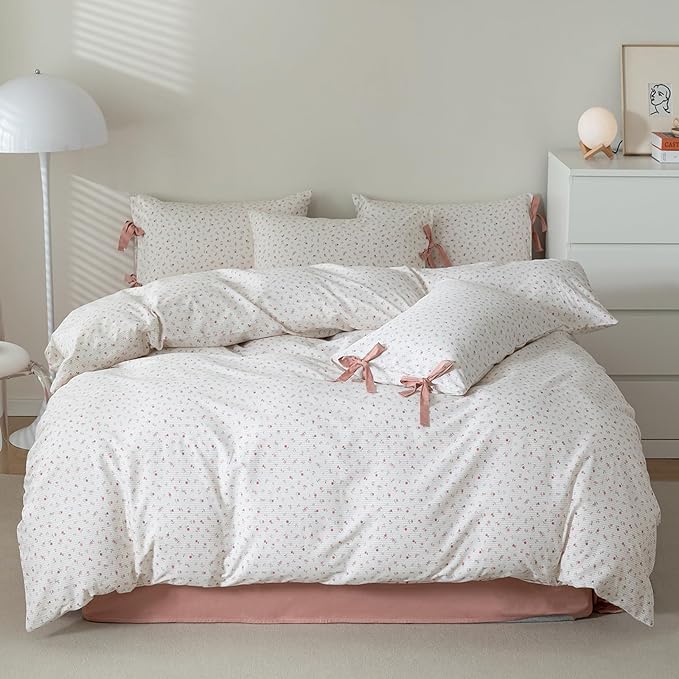 HighBuy Botanical Floral Comforter Set Full Size Cozy Comforter Set for Full Bed with 2 Bowknot Bow Tie Pillowcases Pink Flower Garden Coquette Bedding Comforter Sets for Women Girl Bed Set