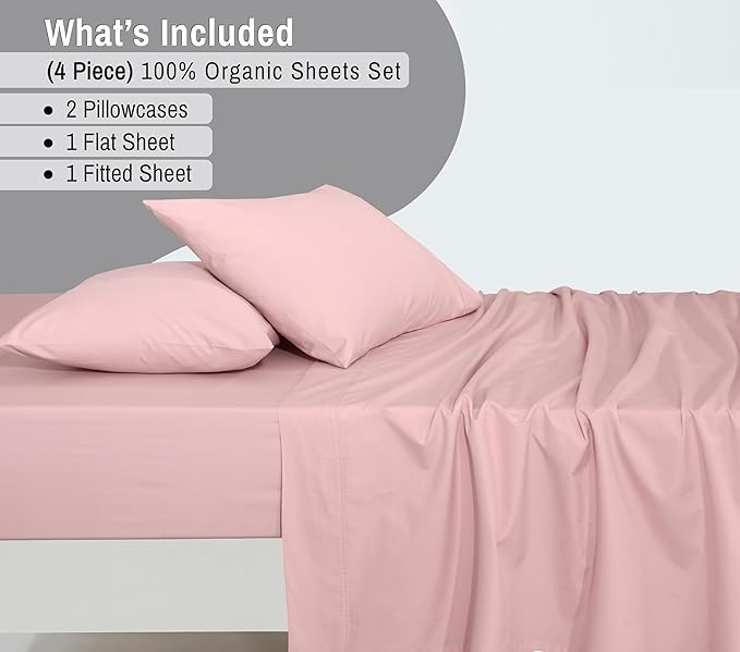 RUVANTI 100% Organic Cotton Sheets Full Size, Percale Weave, GOTS Certified, 4-Piece Set, Deep Pocket 15", Crisp & Breathable, Soft Durable Bedding, Sábanas Algodón Orgánico – Peach Skin