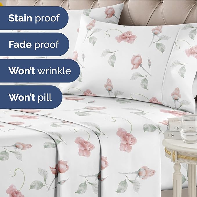 Floral Sheets - Floral Rose Bed Sheet Set - 1 Flat, 1 Fitted & 2 Pillowcases w/ Deep Pockets - Comfy, Wrinkle & Fade Free - Boho Botanical Bedding - Ultra-Soft, Breathable & Cooling - King Size Set