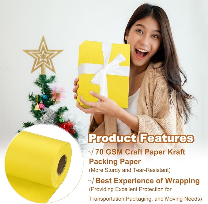 PATIKIL Wrapping Paper, 20" x 700"(59') 70 GSM Craft Paper Roll Kraft Packing Paper for Poster Bulletin Board, Gift Wrapping, Yellow