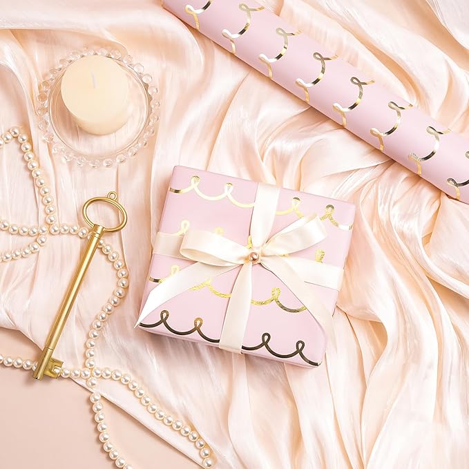 WRAPAHOLIC Pink Wrapping Paper Roll - Mini Roll - 17 Inch x 16.5 Feet - Metallic Foil Chic Classic Pink and Gold Wedding Wrapping Paper for Birthday, Wedding, Baby Shower, Valentine's Day
