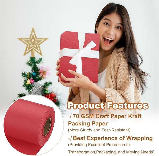PATIKIL Wrapping Paper, 15" x 600"(49') 70 GSM Craft Paper Roll Kraft Packing Paper for Poster Bulletin Board, Gift Wrapping, Red