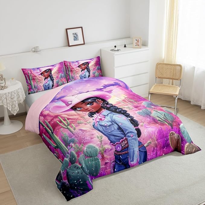 Western Cowgirl Comforter Set King Size,Reversible African Style Cute Girl Print Black Bedding Set All Season Quilt Set,Dreamy Stars Purple Galaxy Sparkling Microfiber Polyester Down Comforter