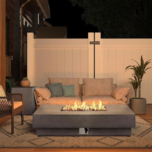 SiTimmGer 60-inch Outdoor Propane Fire Pit Coffee Table with Tank Cover, 50,000 BTU Concrete Rectangle Modern Outside Fire Table, Auto-Ignition, Included Lava Rocks, Metal Lid & Waterproof Cover