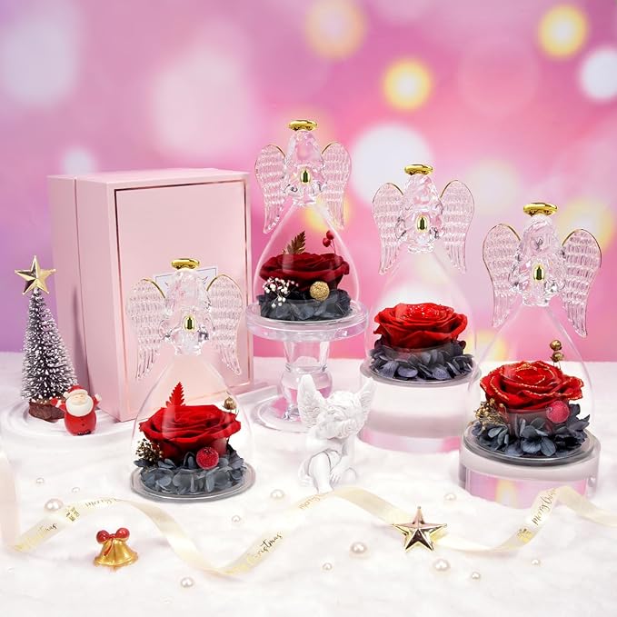 Sunia Preserved Flower Rose Gift for Women - Mother's Day Birthday Gifts for Mom Wife Grandma, Glass Angel Figurines Forever Real Roses Gifts for Her Valentine Day Thanksgiving﻿ (Redgold)