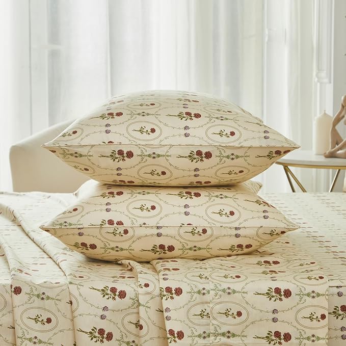 FADFAY Full Size 100% Cotton Beige Bed Sheets Set Elegant Red Rose Floral Pattern, Soft and Luxurious Shabby Vintage French Country Bedding, 4 Pieces Deep Pocket Fitted Sheet
