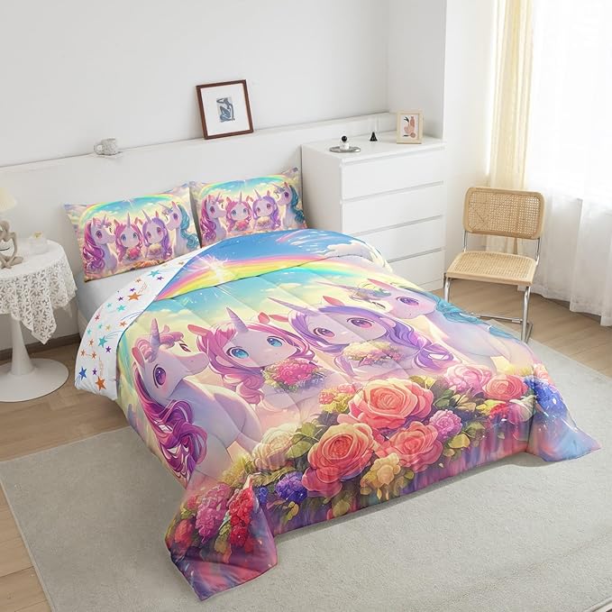 Castle Fairy Kawaii Unicorn Comforter Set King Size,Cartoon Cute Unicorn Horse Animal Reversible Bedding Set All Season Quilt Set,Stars Rainbow Watercolor Flowers Microfiber Polyester Down Comforter