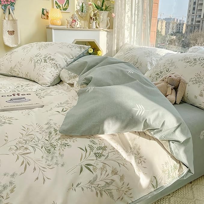 LifeTB Floral Botanical Comforter Set Full Size, Aesthetic Flower Leaves Pattern Cute Floral Bedding Comforter Set, 3 Pieces Lightweight Soft Fluffy Botanical Flowers Comforter with 2 Pillowcases