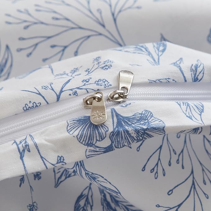 VM VOUGEMARKET 3 Pieces Blue Flower Duvet Cover Set Twin Cottagecore Botanical Duvet Cover with 2 Pillowcases 100% Cotton Leaves Bedding Set Vintage Garden Style for Teen Girls-68 X86