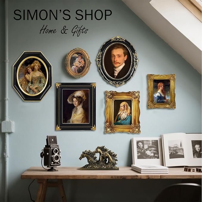 SIMON'S SHOP Gold Picture Frames 5x7 for Wall and Tabletop, Vintage Oval 5x7 Photo Frame, Rococo Style Home Room Gallery Wall Décor