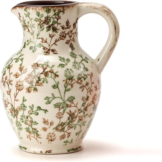 SIDUCAL Ceramic Vase with Handle, Vintage Vase, Chinoiserie Floral Vase for Home Decor, Table, Living Room, Shelf, Christmas Decoration (Green and Beige)