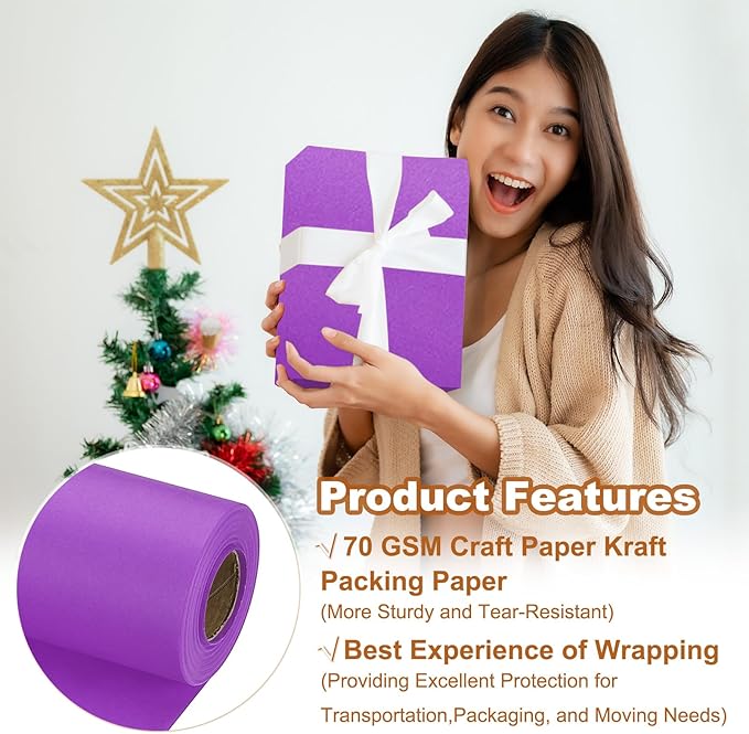 PATIKIL Wrapping Paper, 17" x 600"(49') 70 GSM Craft Paper Roll Kraft Packing Paper for Poster Bulletin Board, Gift Wrapping, Dark Purple