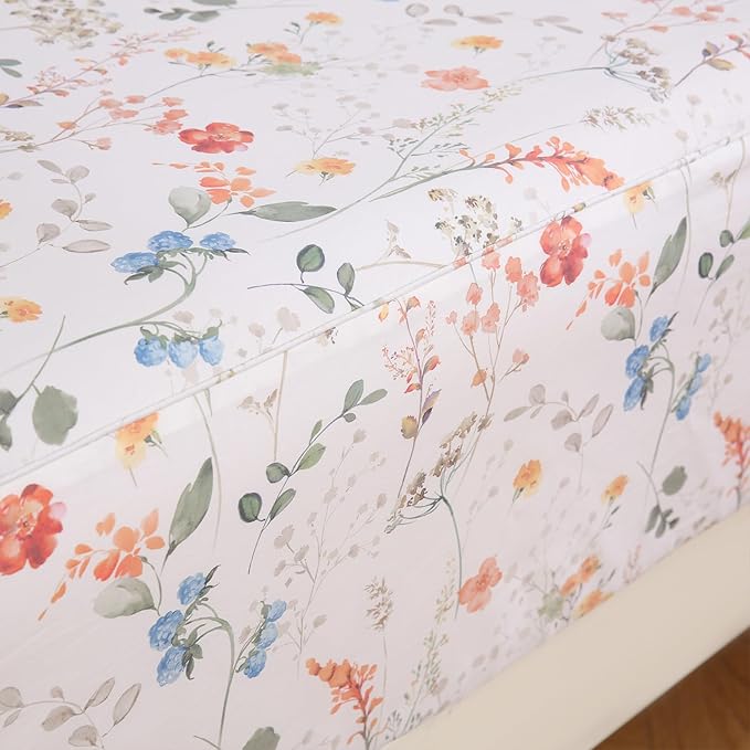 Zusbest Floral Bed Sheets King Size Percale Cotton Orange Blue Flower Sheets Set Green Botanical Printed on White Patterned Deep Pocket Fitted Sheets, Crisp Soft Breathable for Hot Sleepers, 4 Pcs