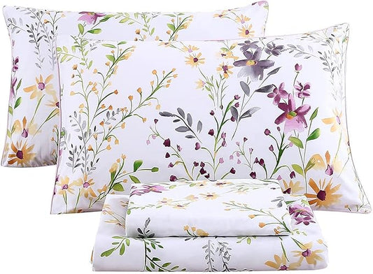 RYNGHIPY Cotton Floral Bed Sheet Set Queen Size Botanical Flowers Print Bedding Shabby Garden Floral Bed Sheets