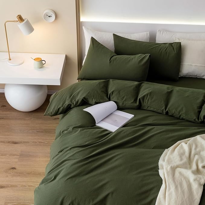 JIYUAN 100% Washed Cotton Duvet Cover Set 3 Pieces King, 1 Duvet Cover 104x90 Inches(Comforter Not Included) and 2 Pillowcases,Linen Feel Bedding Set Comfy and Breathable,Olive Green