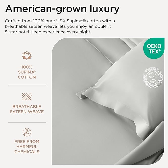 Threadmill Luxury Supima Cotton Sheets, Luxury 1200 Thread Count Soft 100% Cotton Sheets for Queen Size Bed, 4 Pc Light Grey Bed Sheets Queen Set, 5-Star Hotel Quality Deep Pocket Bed Sheets Set