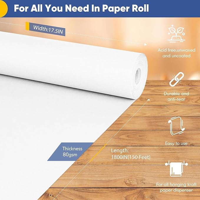 Vanhench White Kraft Wrapping Paper 17.5"×1800", Easel Painting Drawing Paper Roll Kids Art Supplies, Chart Poster Bulletin Board Paper Roll, Floor Covering Arts Crafts Table Wrap